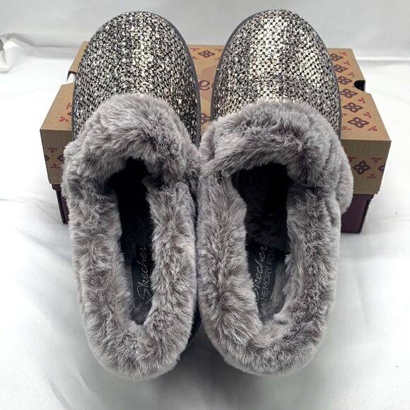 Skechers Woman's Cozy Campfire Pewter Dream Glam Metallic Faux Fur Slippers - Picture 9 of 14